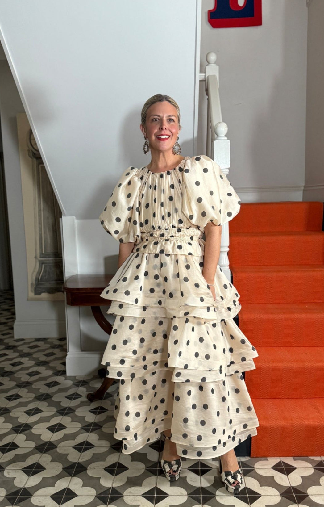 Puff sleeve polka dot top and tiered skirt set