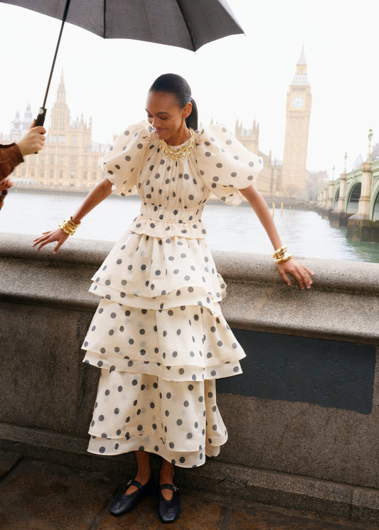 Puff sleeve polka dot top and tiered skirt set