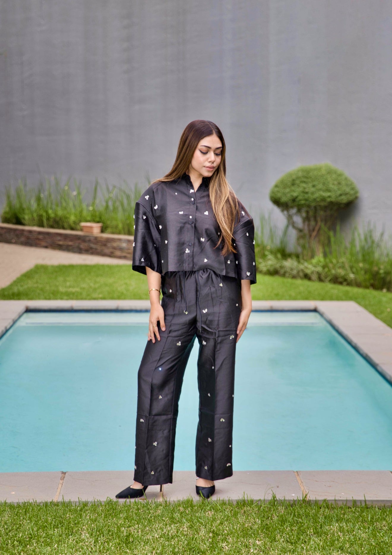 Rhinestone embellished top and pants set