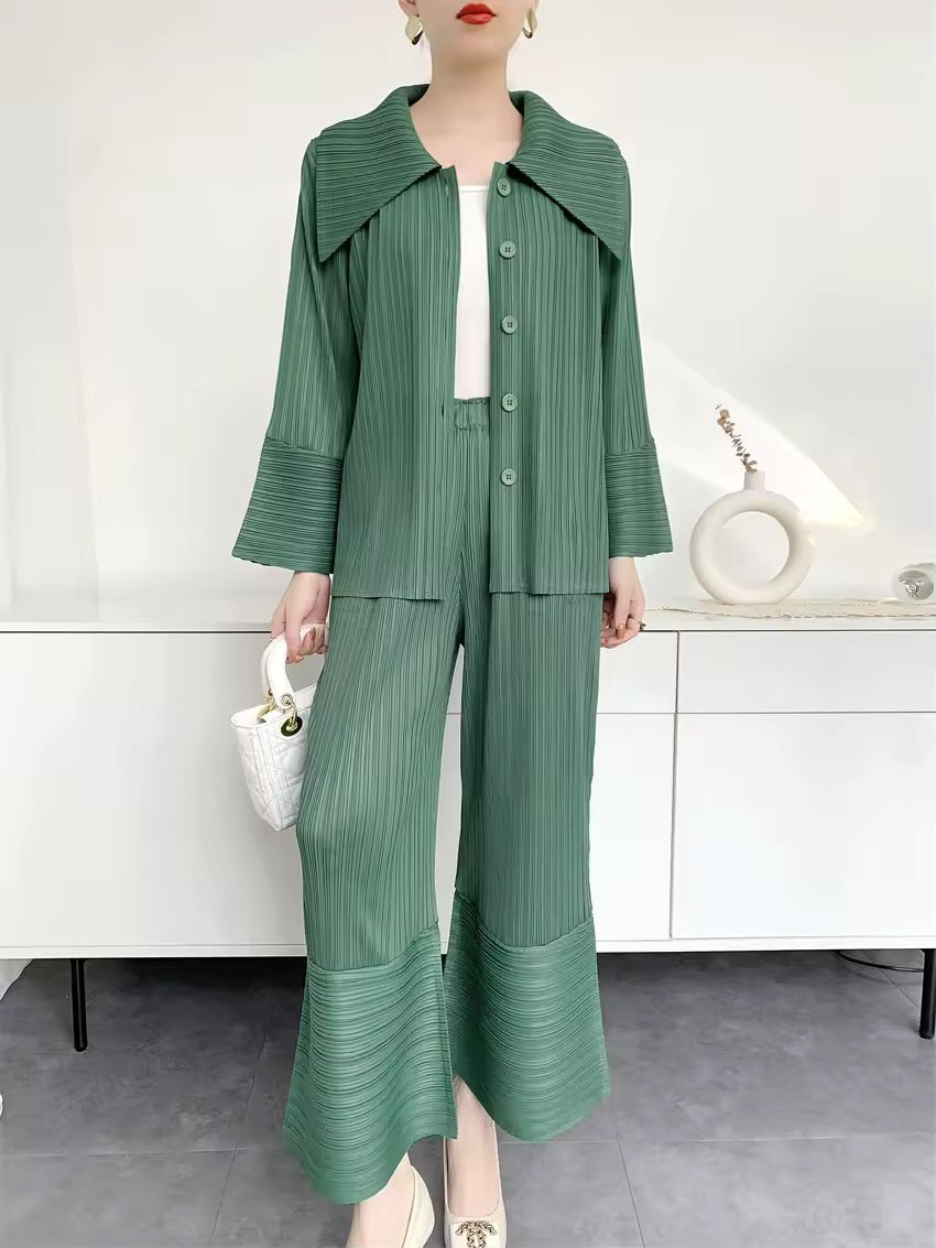 Pleated button shirt & pants set