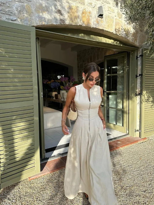 Zipper pleated long dress