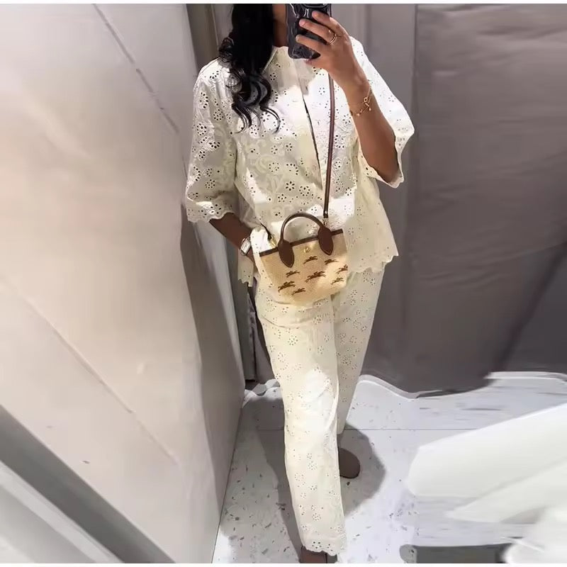 Hollow lace top and pants set