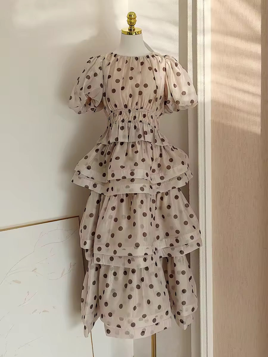 Puff sleeve polka dot top and tiered skirt set