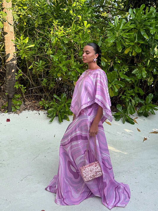 Printed satin top and skirt set