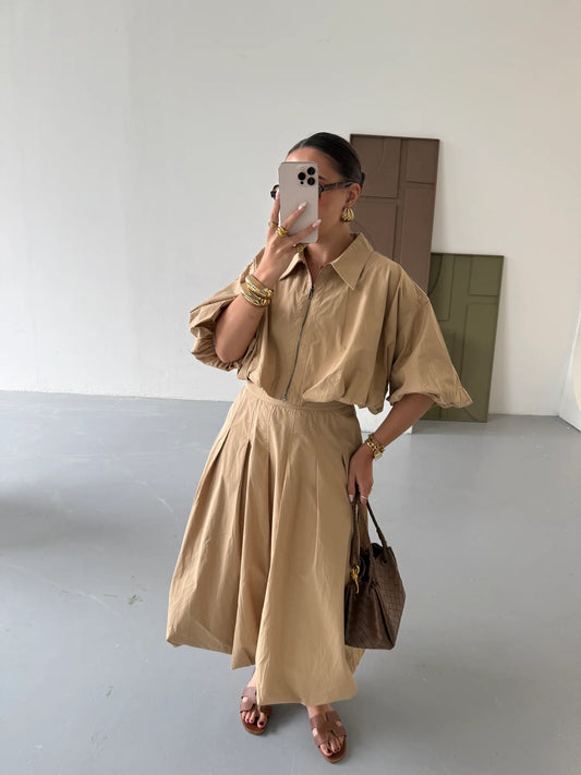 Zipper jacket and bubble skirt set