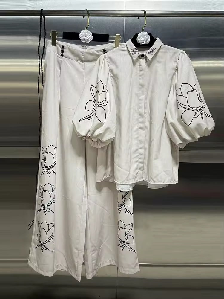 Puff sleeve blouse and pants set