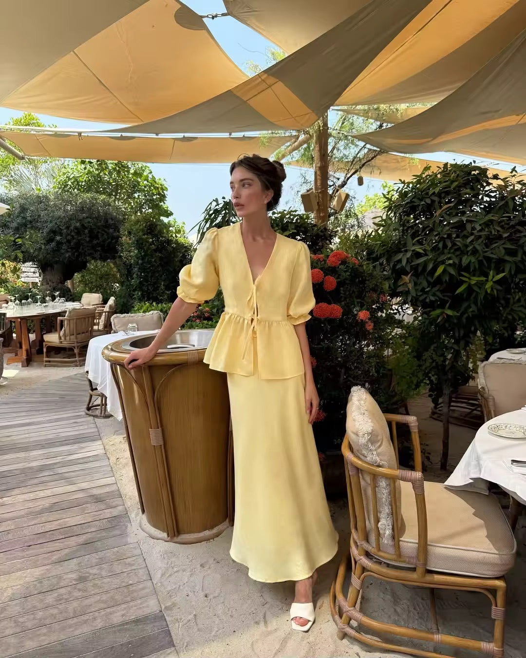 Tie up blouse and skirt set