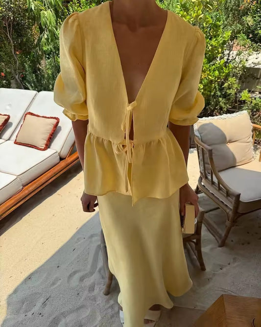 Tie up blouse and skirt set