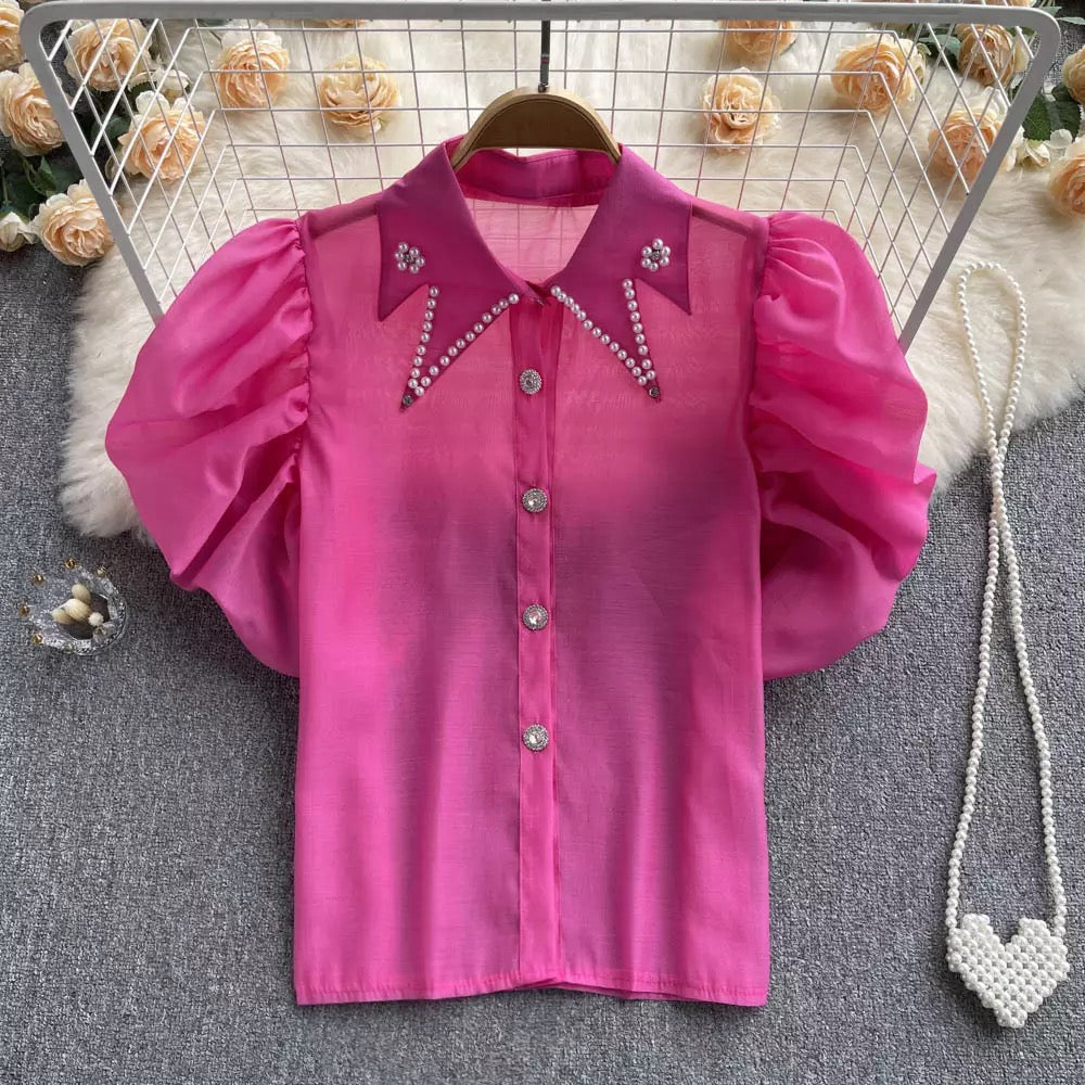 Pearl collar puff sleeve top
