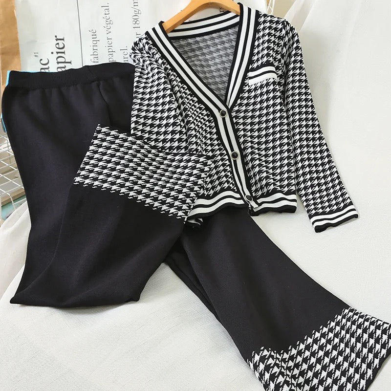 Houndstooth knitted cardigan and pants set