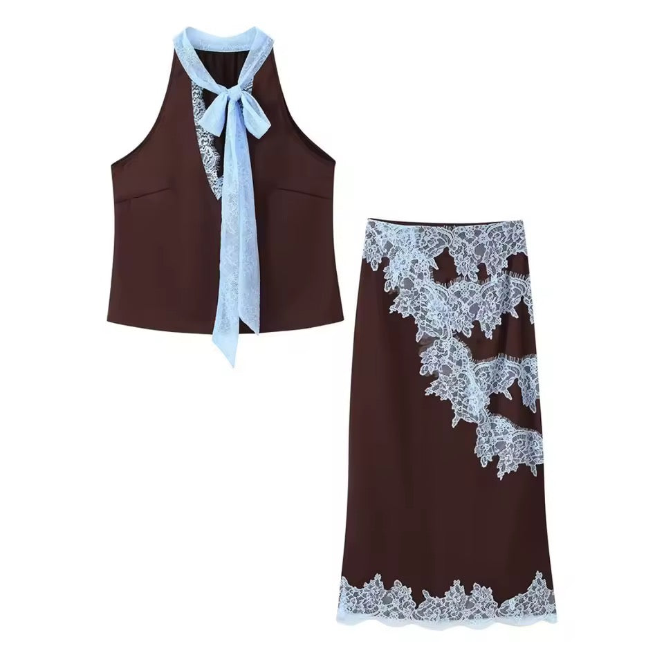 Satin lace top and skirt set