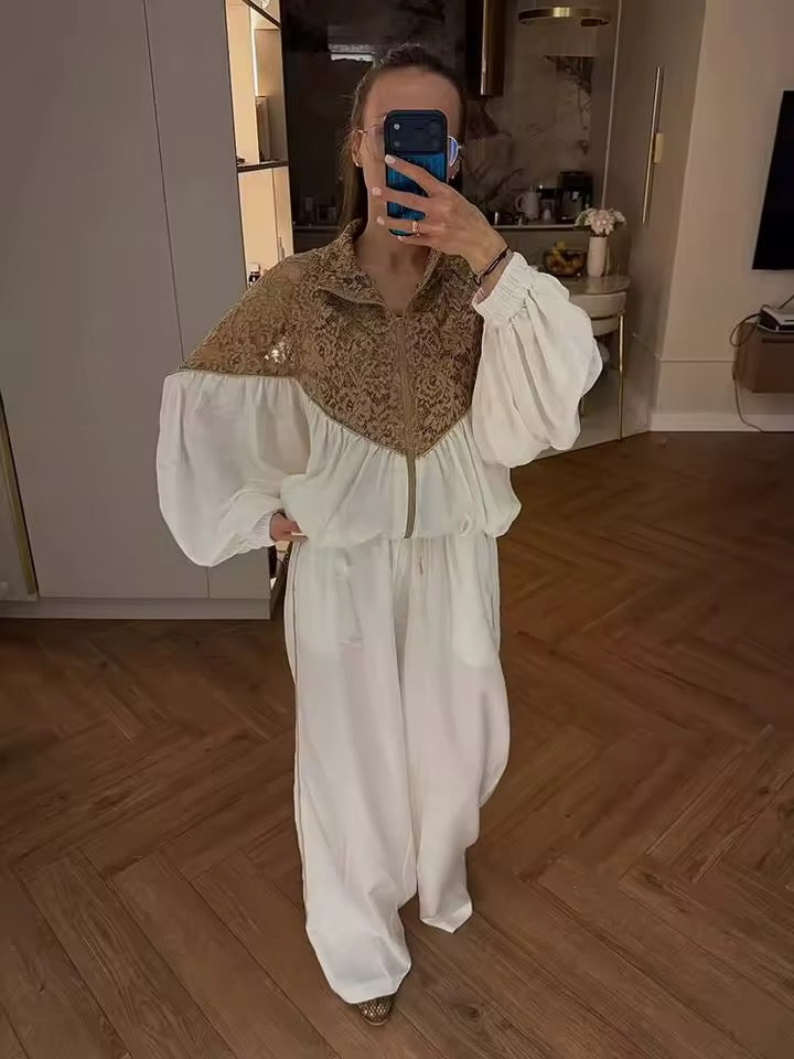 Lace puff sleeve tracksuit