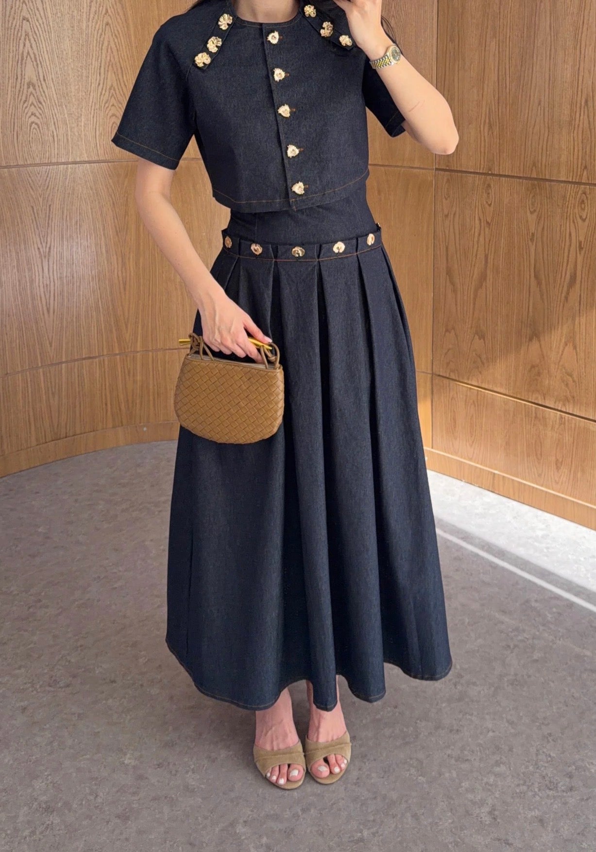 Denim metal button top and skirt co ord set