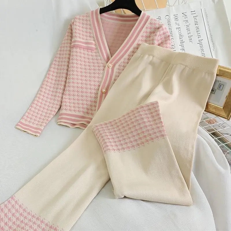 Houndstooth knitted cardigan and pants set