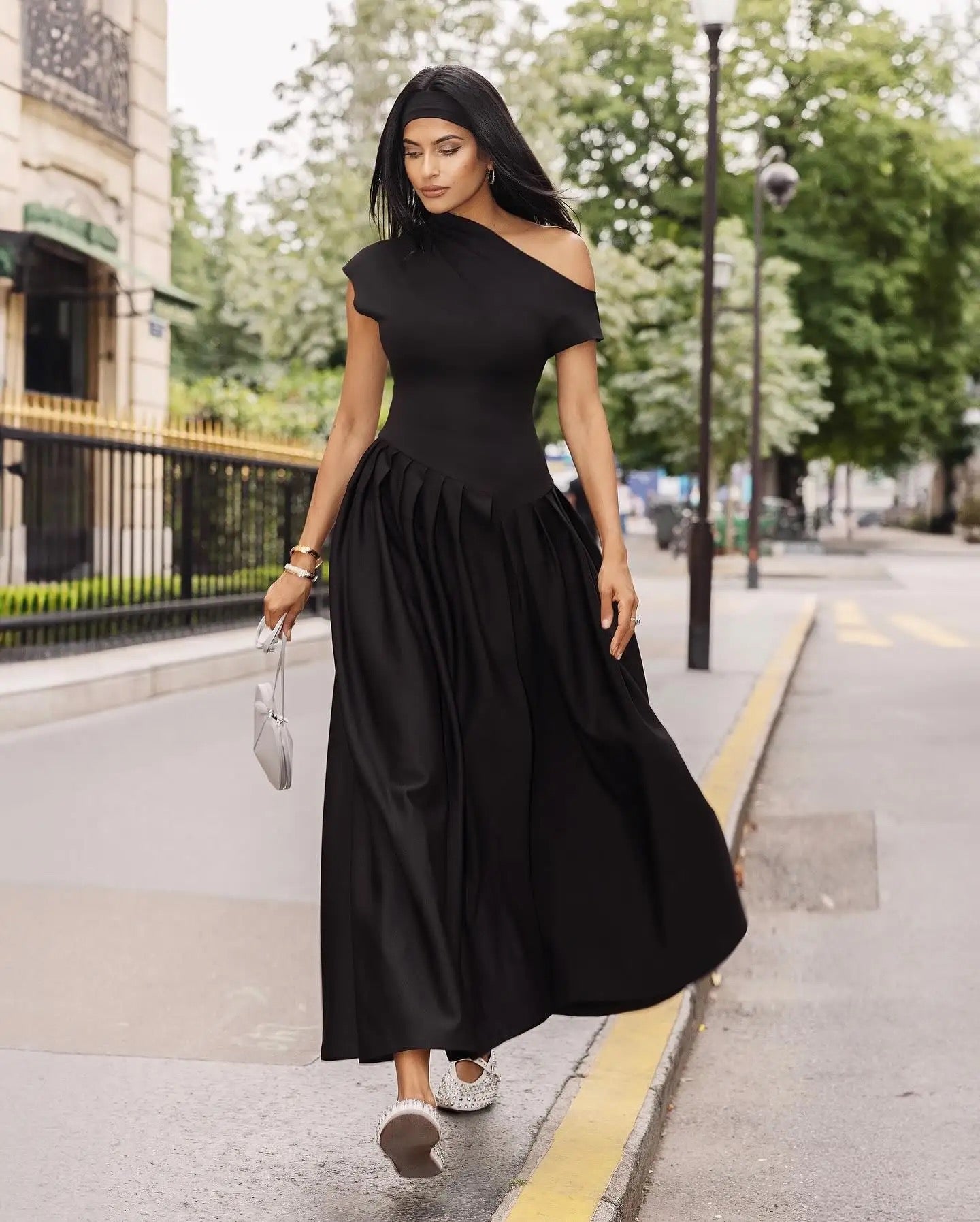 Slanted shoulder maxi dress