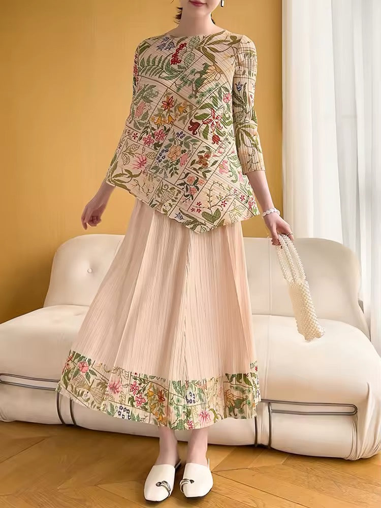 Printed pleated top and skirt set