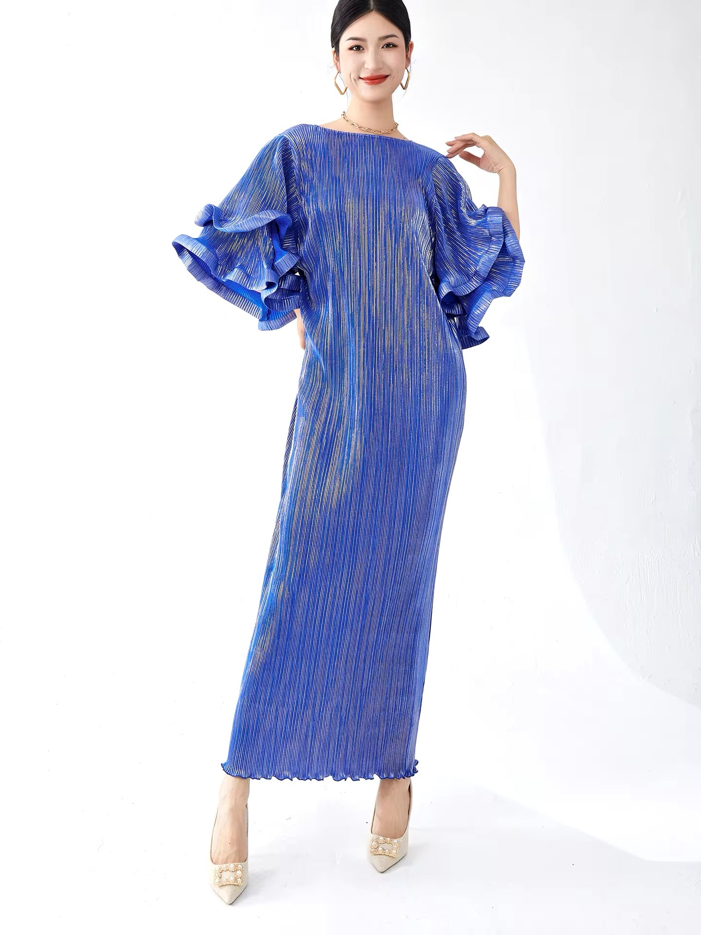 Pleated ruffle sleeve metallic dress