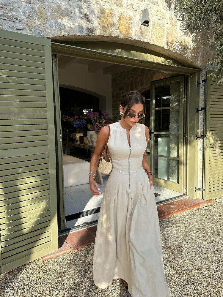 Zipper pleated long dress