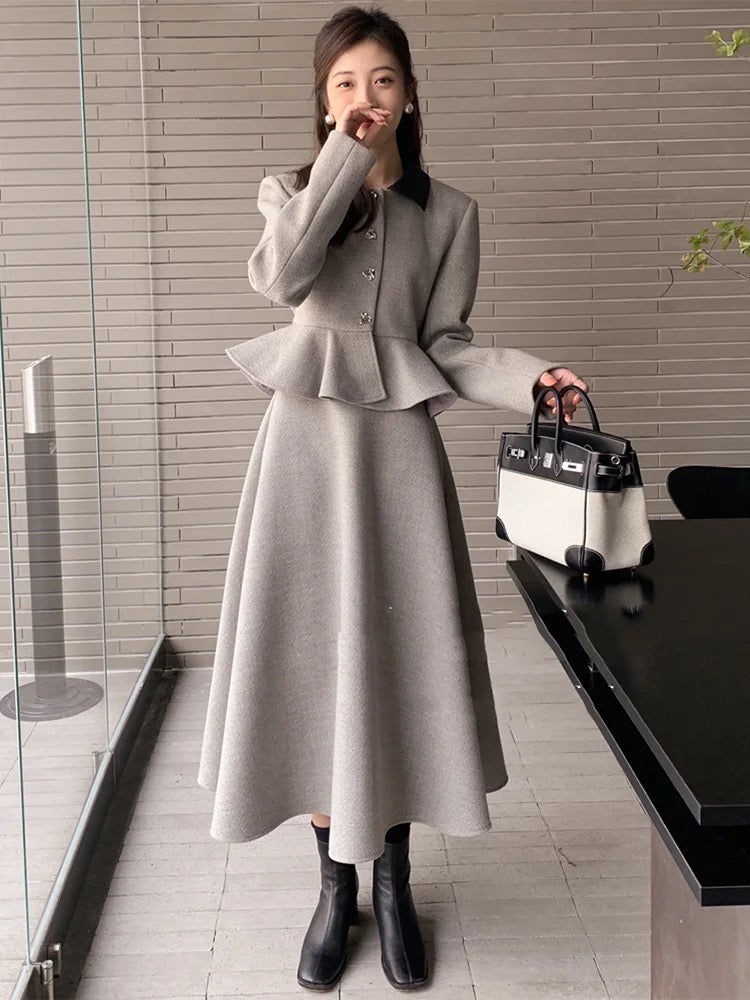 Peplum woolen coat and skirt set