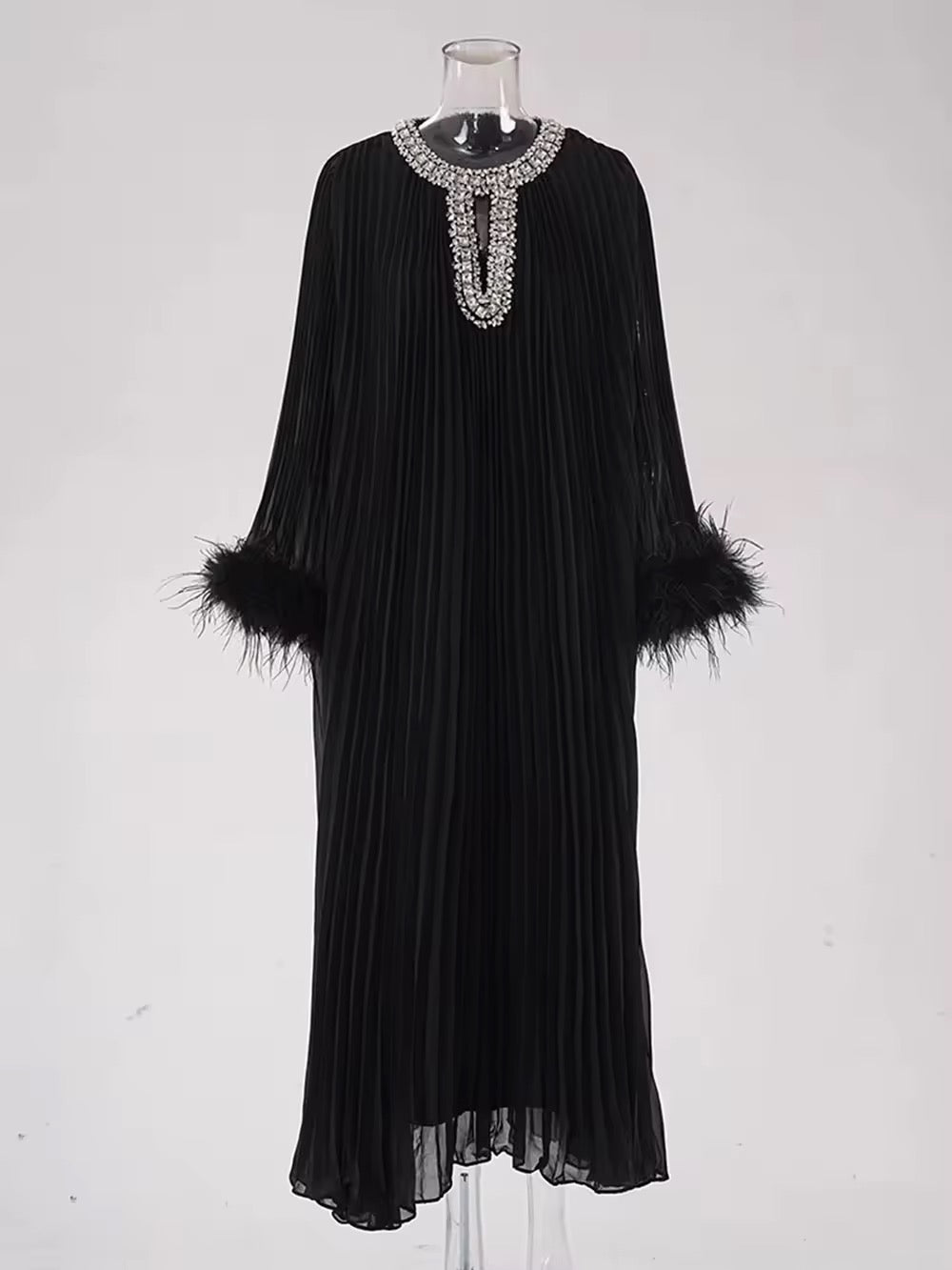 Embellished feather pleated dress