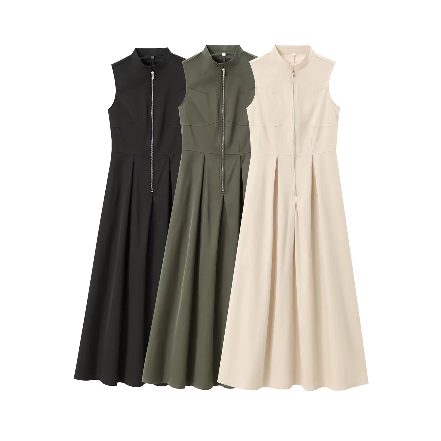 Zipper pleated long dress