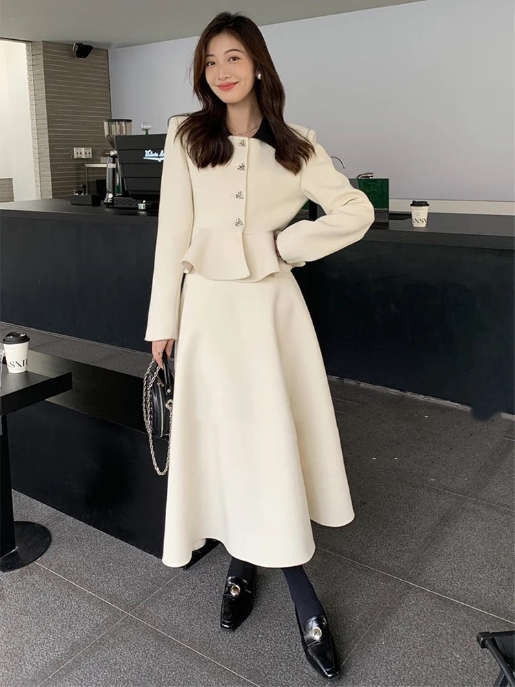 Peplum woolen coat and skirt set