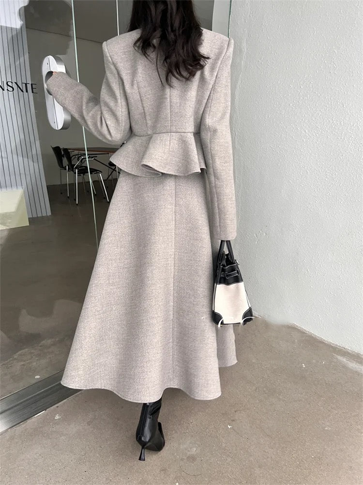 Peplum woolen coat and skirt set