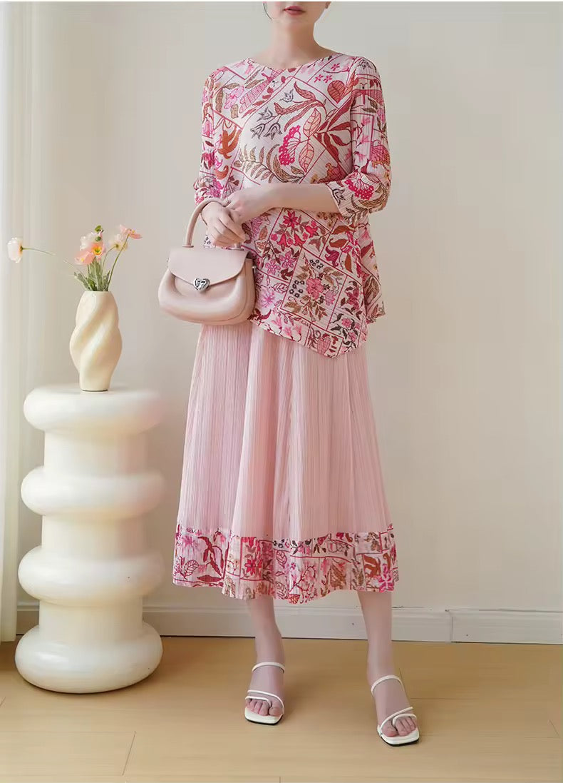 Printed pleated top and skirt set