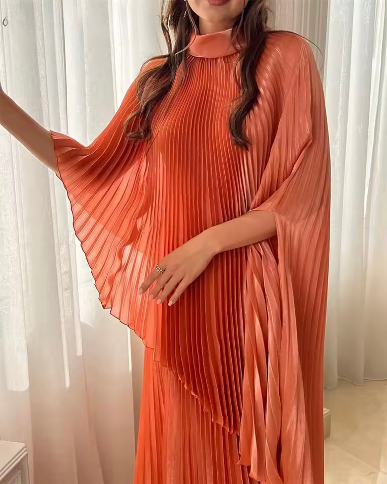 Pleated cape batwing dress
