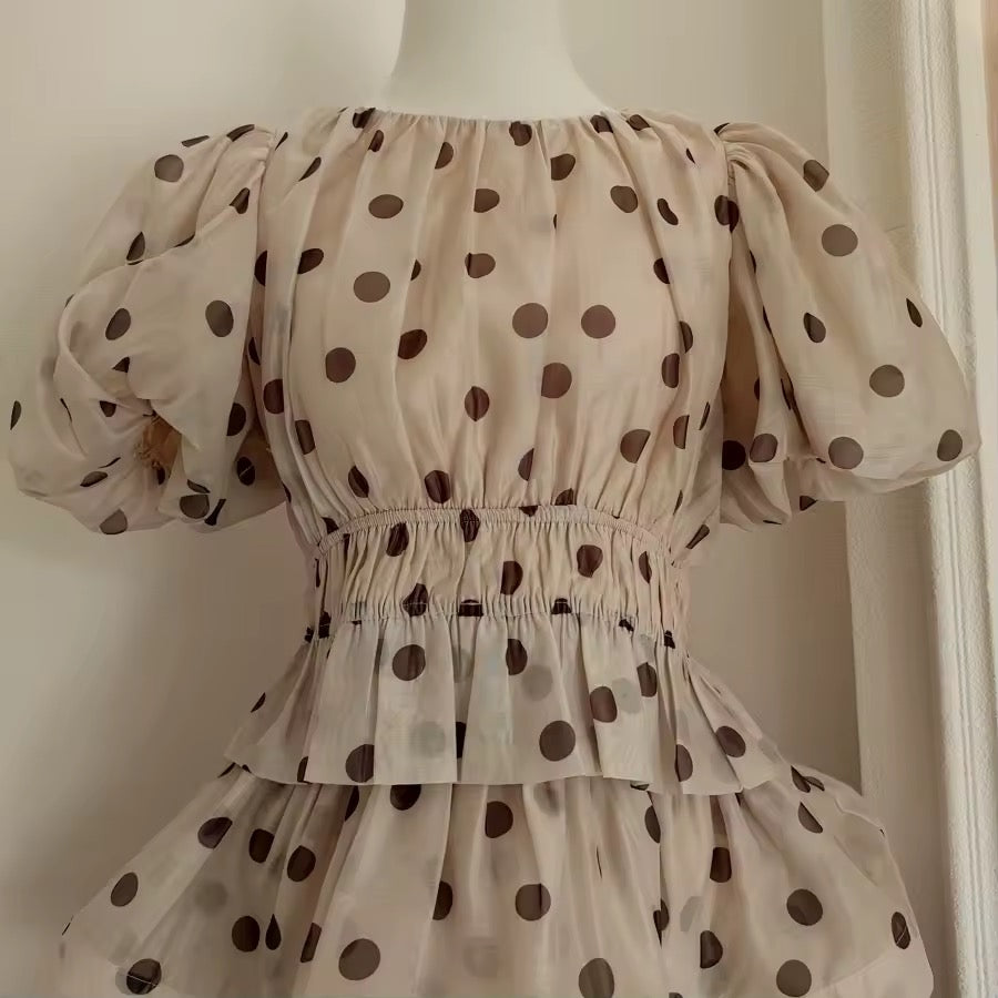 Puff sleeve polka dot top and tiered skirt set