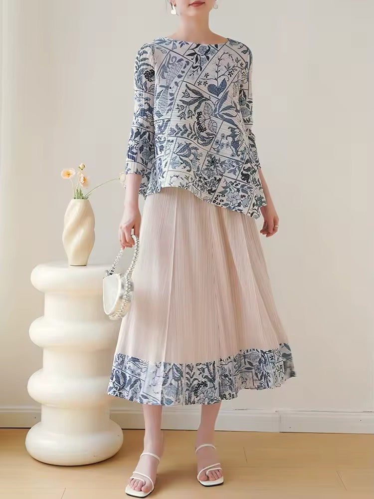 Printed pleated top and skirt set