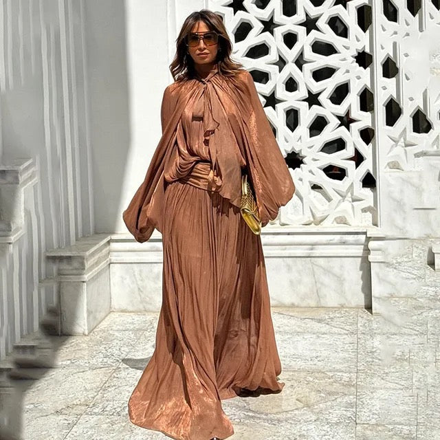 Lantern sleeve metallic dress