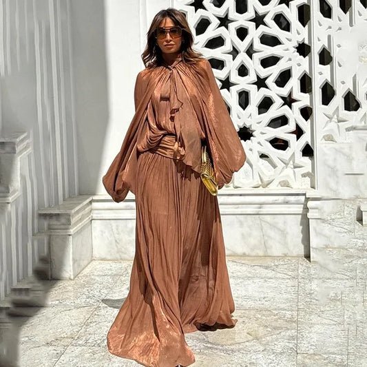 Lantern sleeve metallic dress