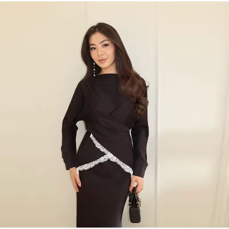 Satin wrap over lace top and skirt set