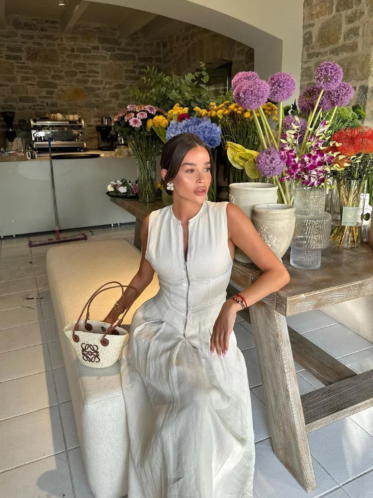 Zipper pleated long dress