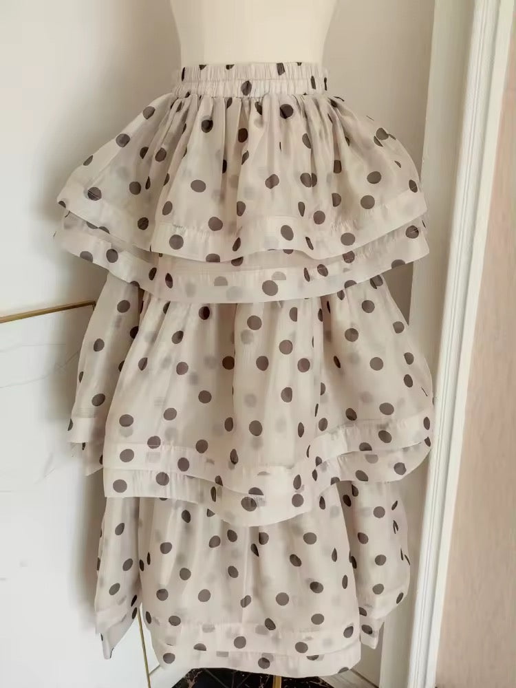 Puff sleeve polka dot top and tiered skirt set