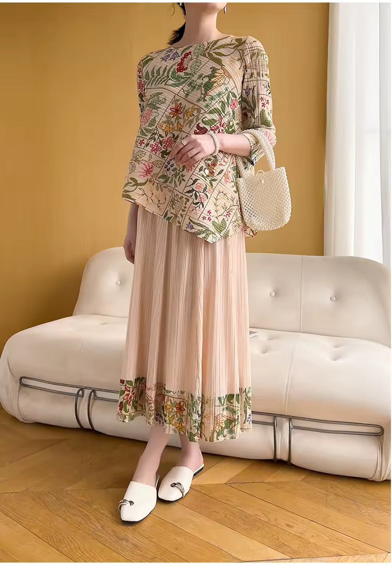 Printed pleated top and skirt set