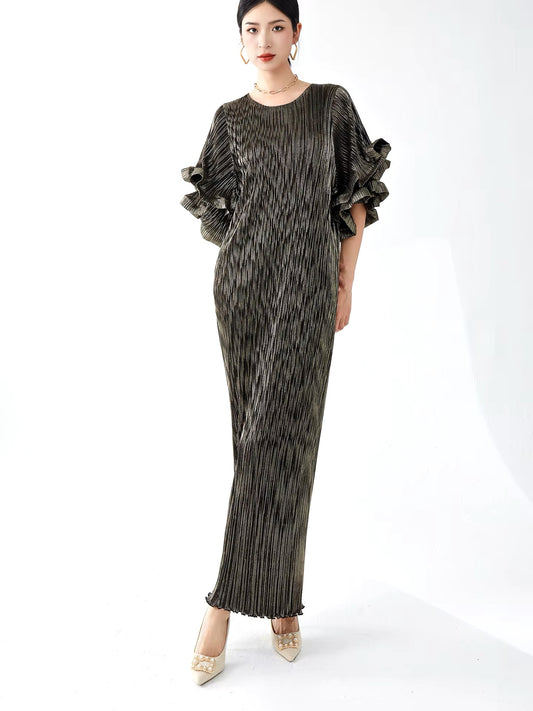 Pleated ruffle sleeve metallic dress