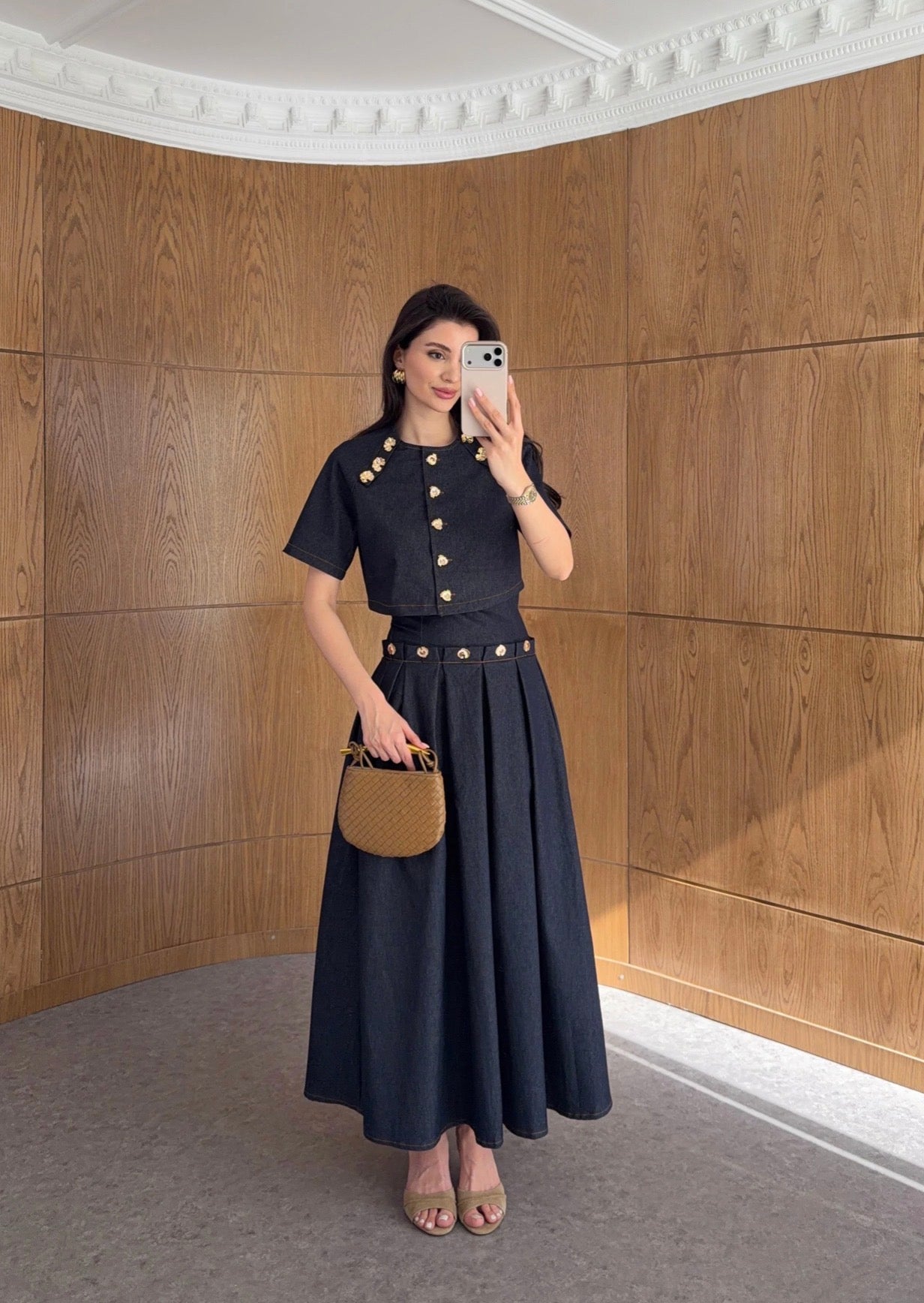 Denim metal button top and skirt co ord set