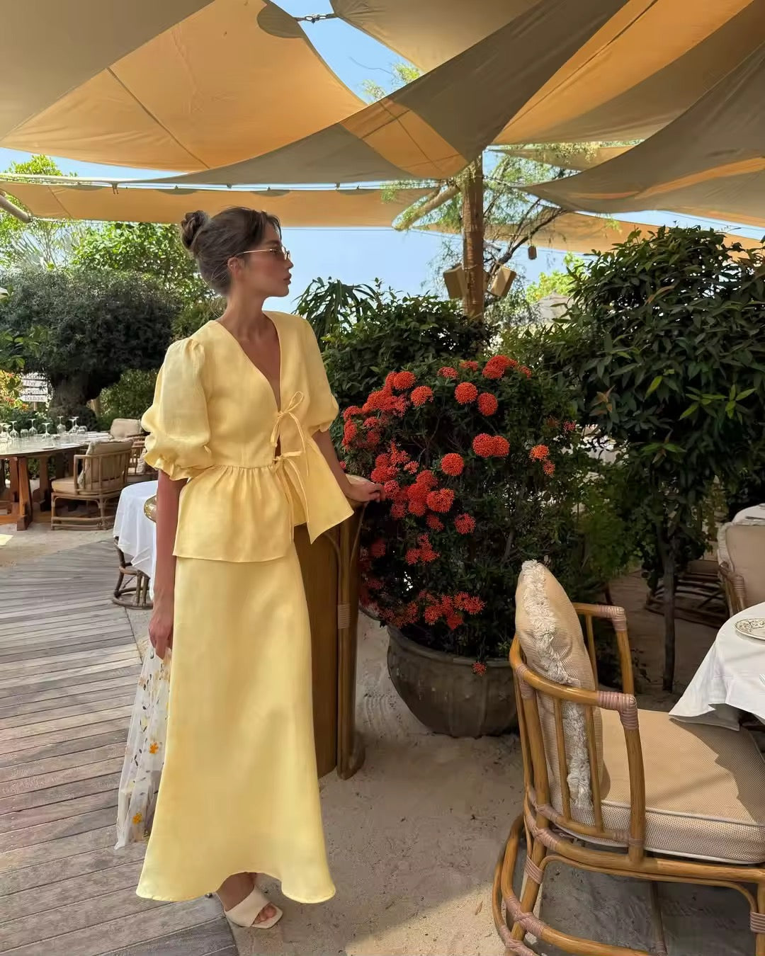 Tie up blouse and skirt set