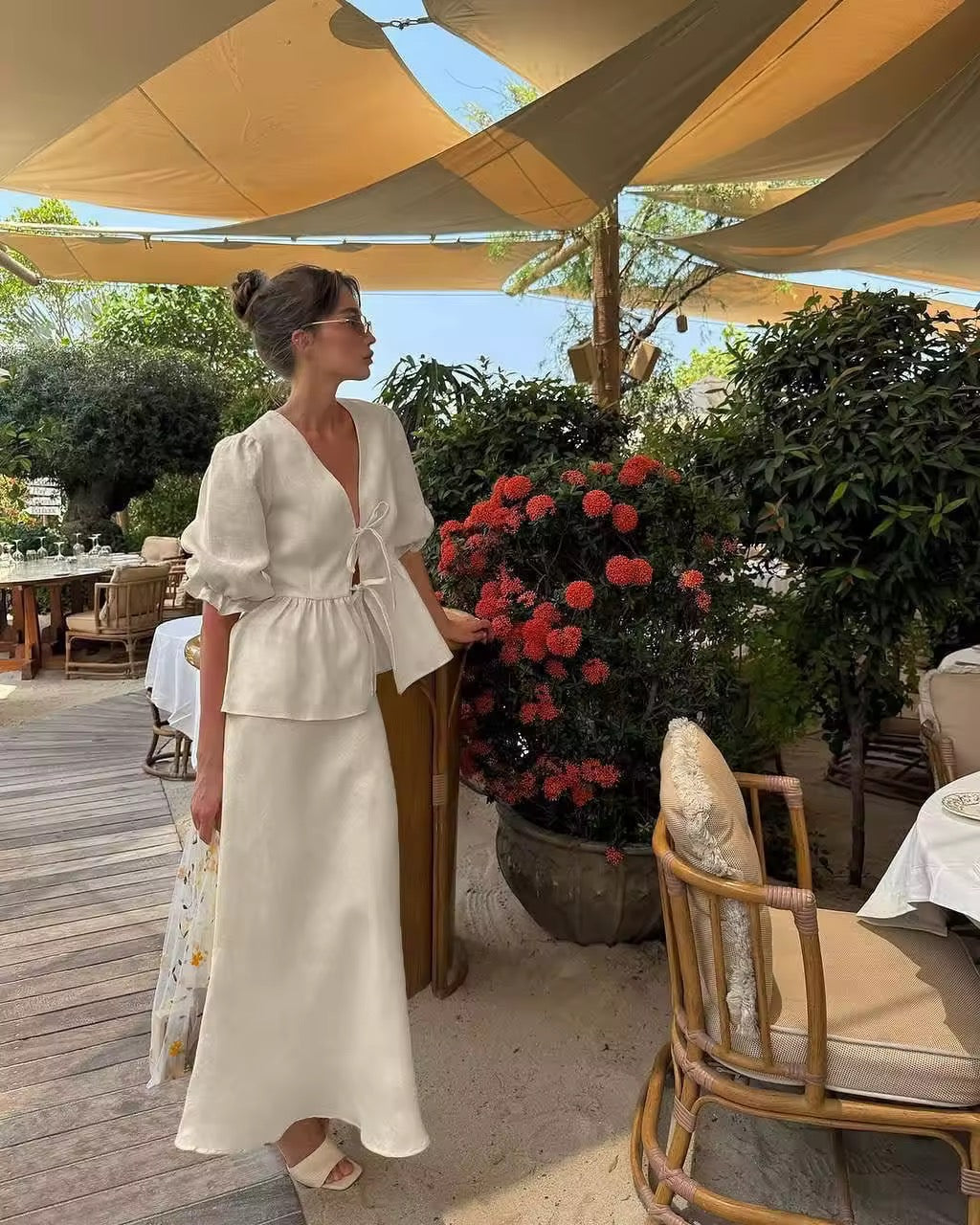 Tie up blouse and skirt set