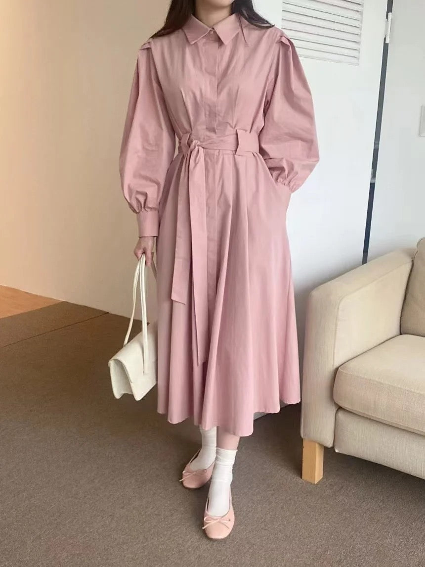 Lantern sleeve lapel shirt dress