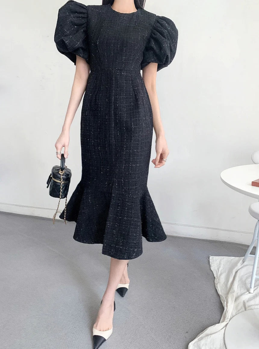 Puff sleeve tweed dress