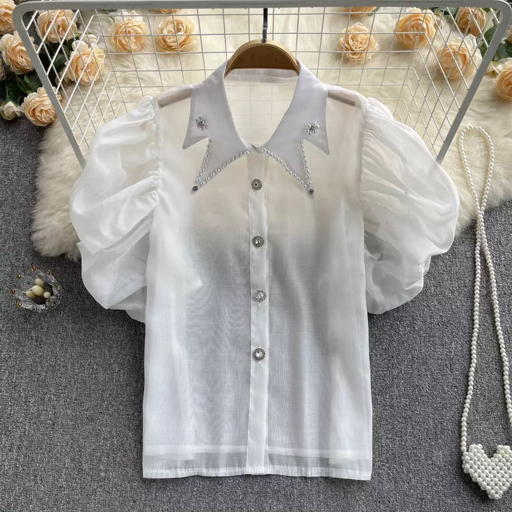 Pearl collar puff sleeve top