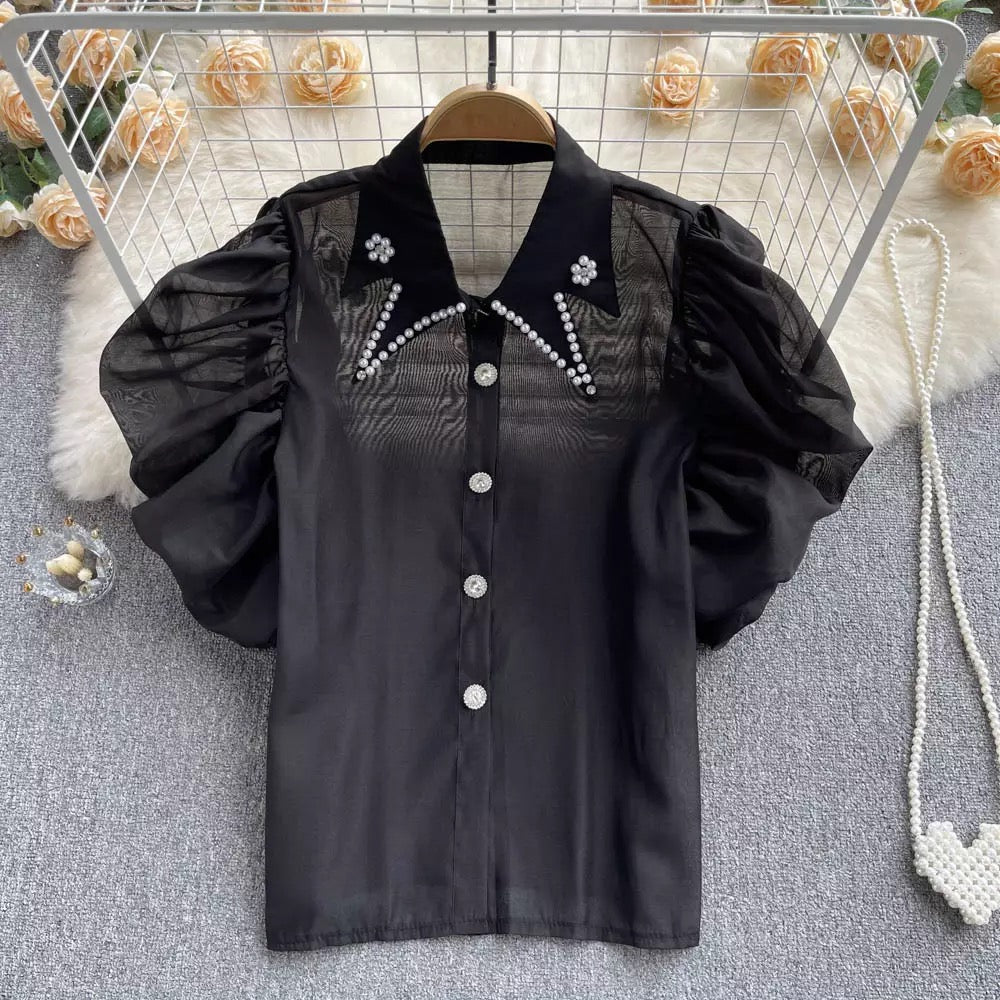 Pearl collar puff sleeve top