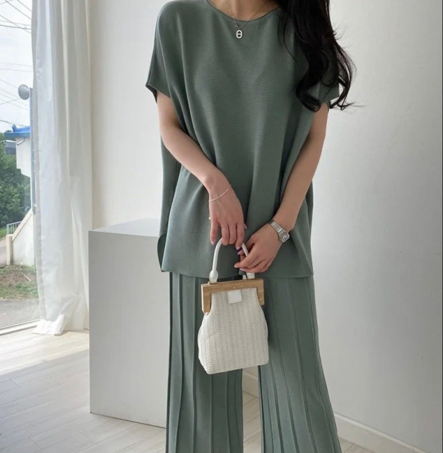 Knit tee and wide leg pleated pants set