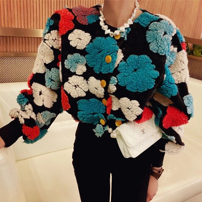 3D flower bubble sleeve cardigan