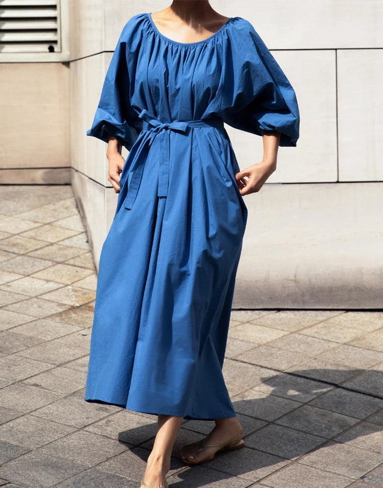 Puff sleeve belted dress