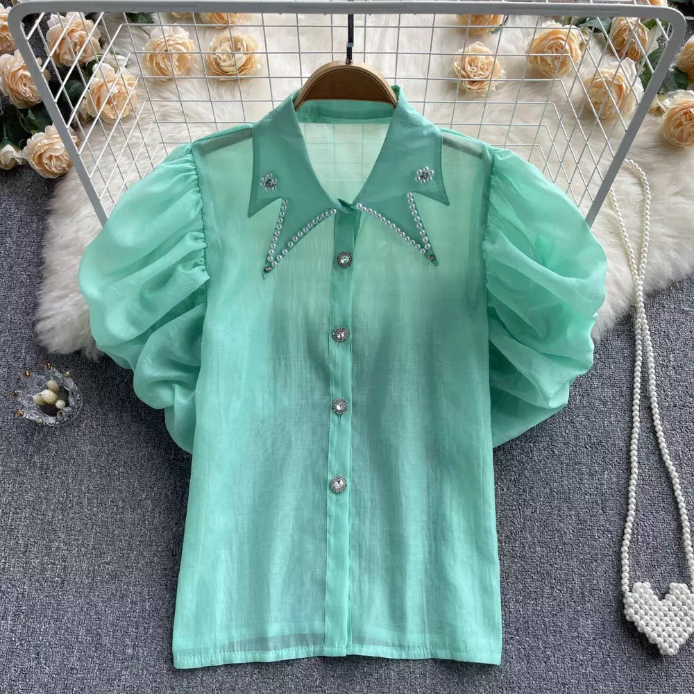 Pearl collar puff sleeve top