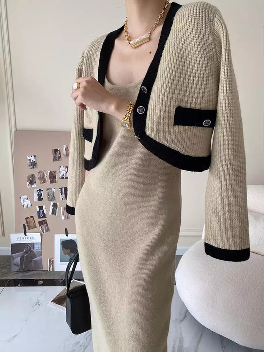 Knitted two piece dress and cardigan co ord